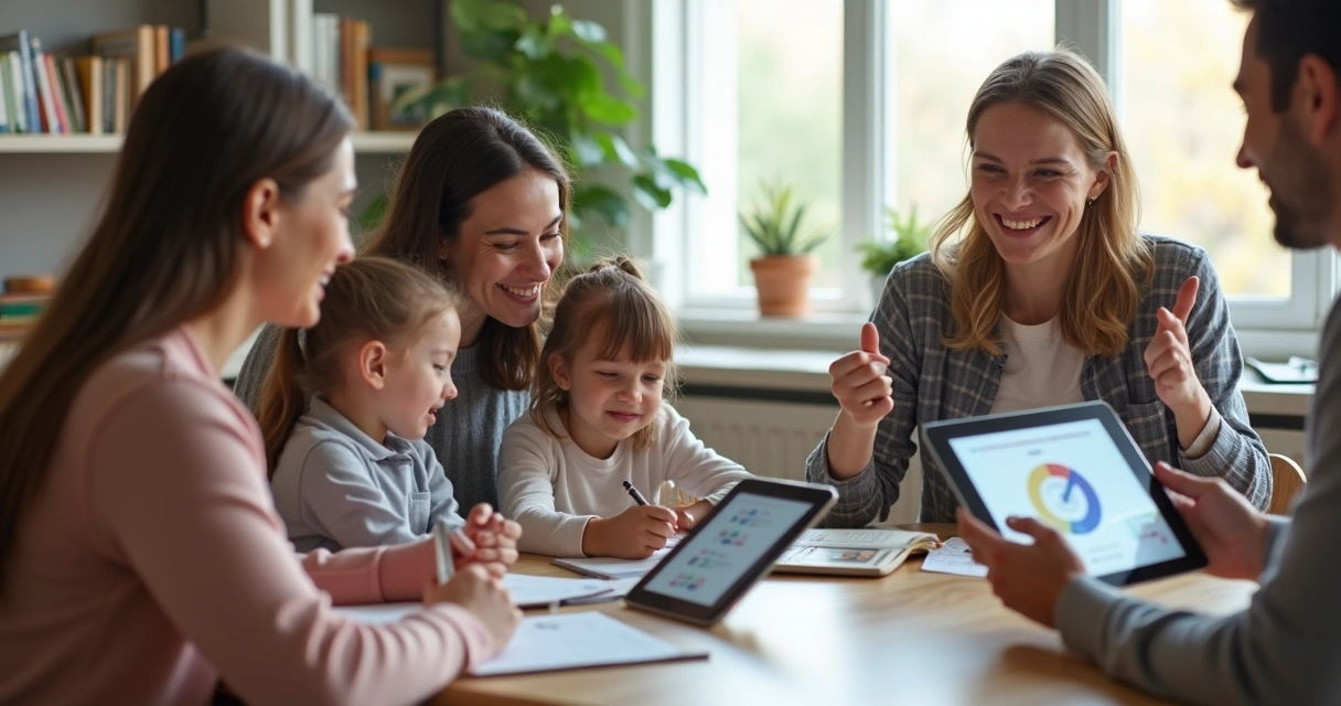 Família e terapeuta reunidos usando tablets e celulares em sessão online 