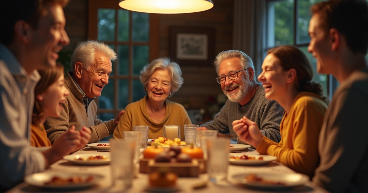 Família sentada à mesa sorrindo em jantar acolhedor 
