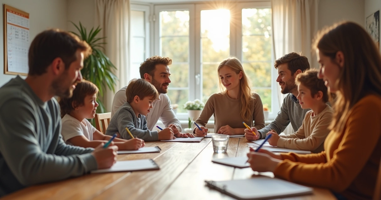 Família reunida à mesa fazendo combinados da rotina 