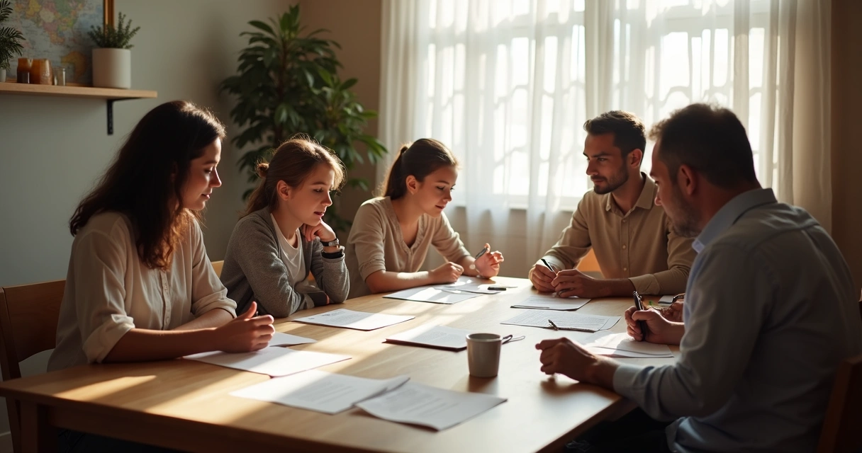 Família sentada à mesa revisando documentos imobiliários juntos 