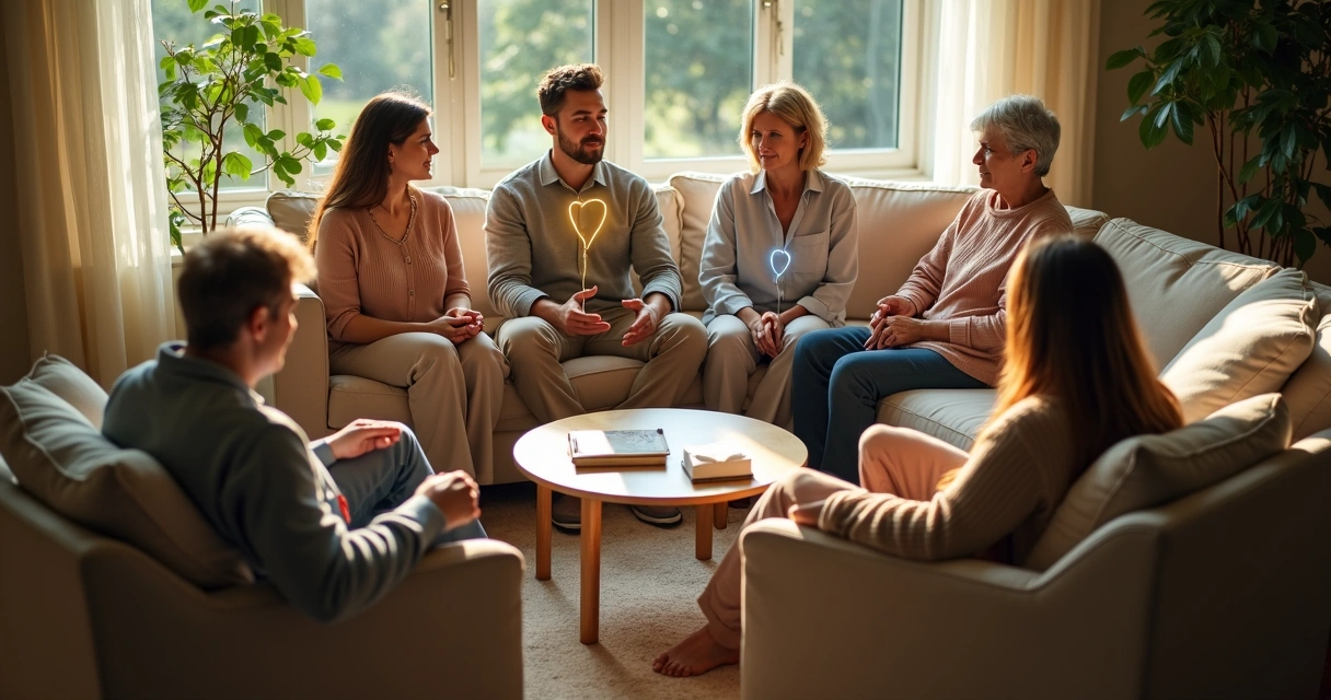 Sala de estar com família conectada por linhas suaves de luz colorida entre poltronas e sofá 