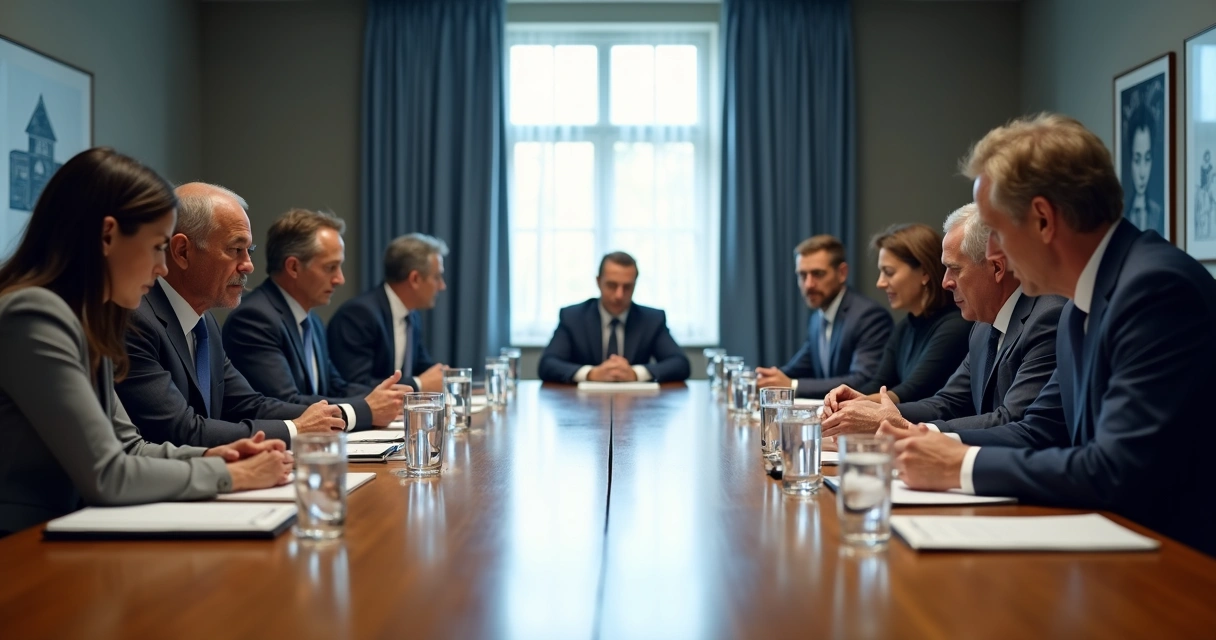 Reunião corporativa com família e executivos à mesa 
