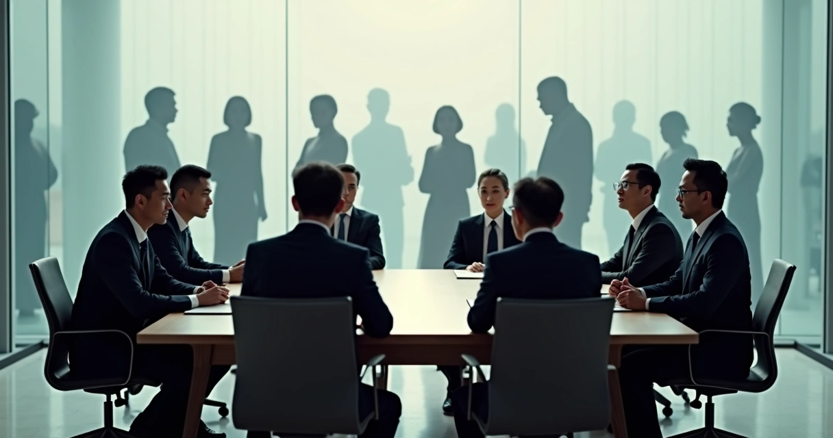 Executivos ao redor de uma mesa de reunião com sombras de figuras familiares ao fundo 