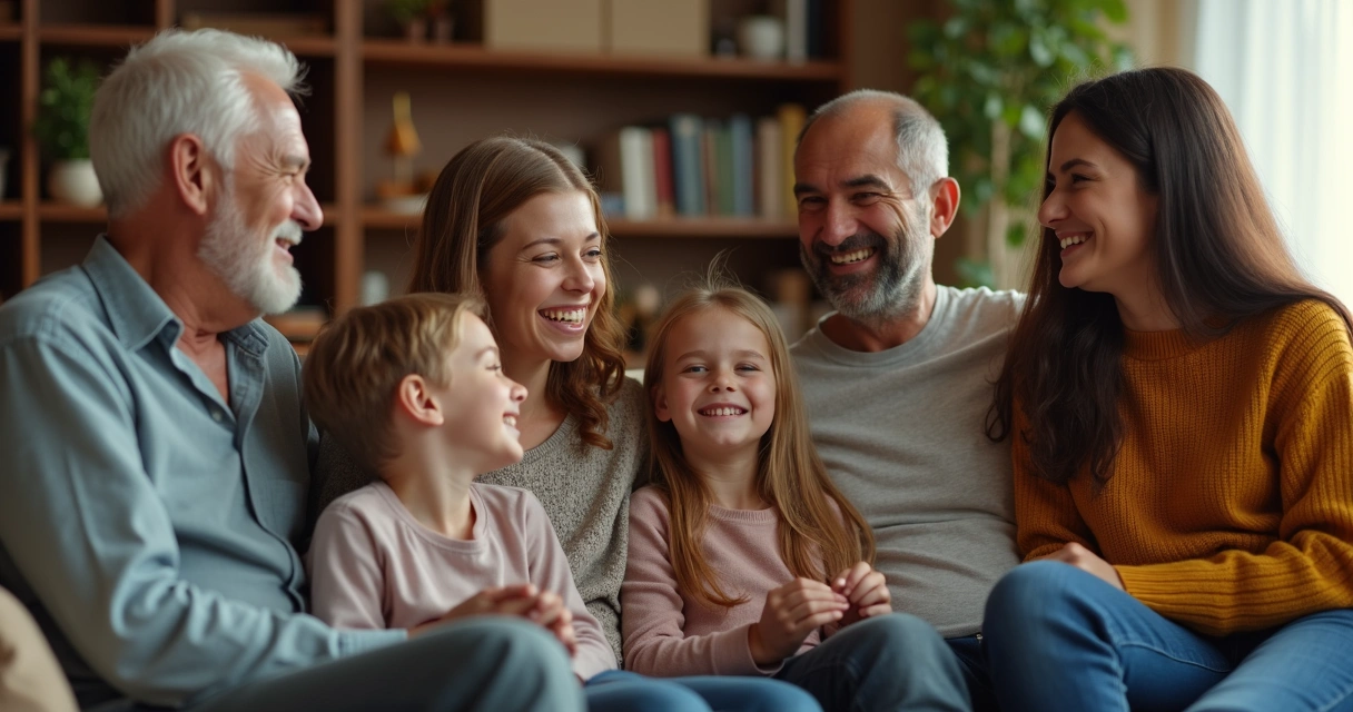 Família reunida em sala de estar, conversando harmoniosamente 