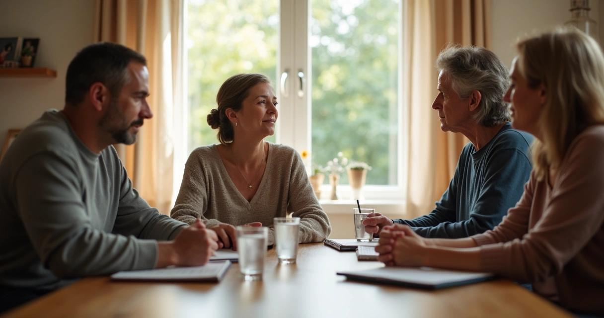 Familia reunida conversando em mesa de jantar