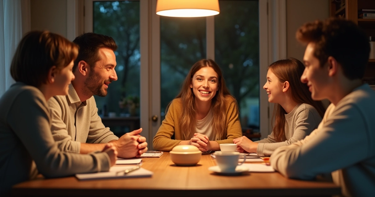 Reunião familiar com diálogo aberto e todos atentos 