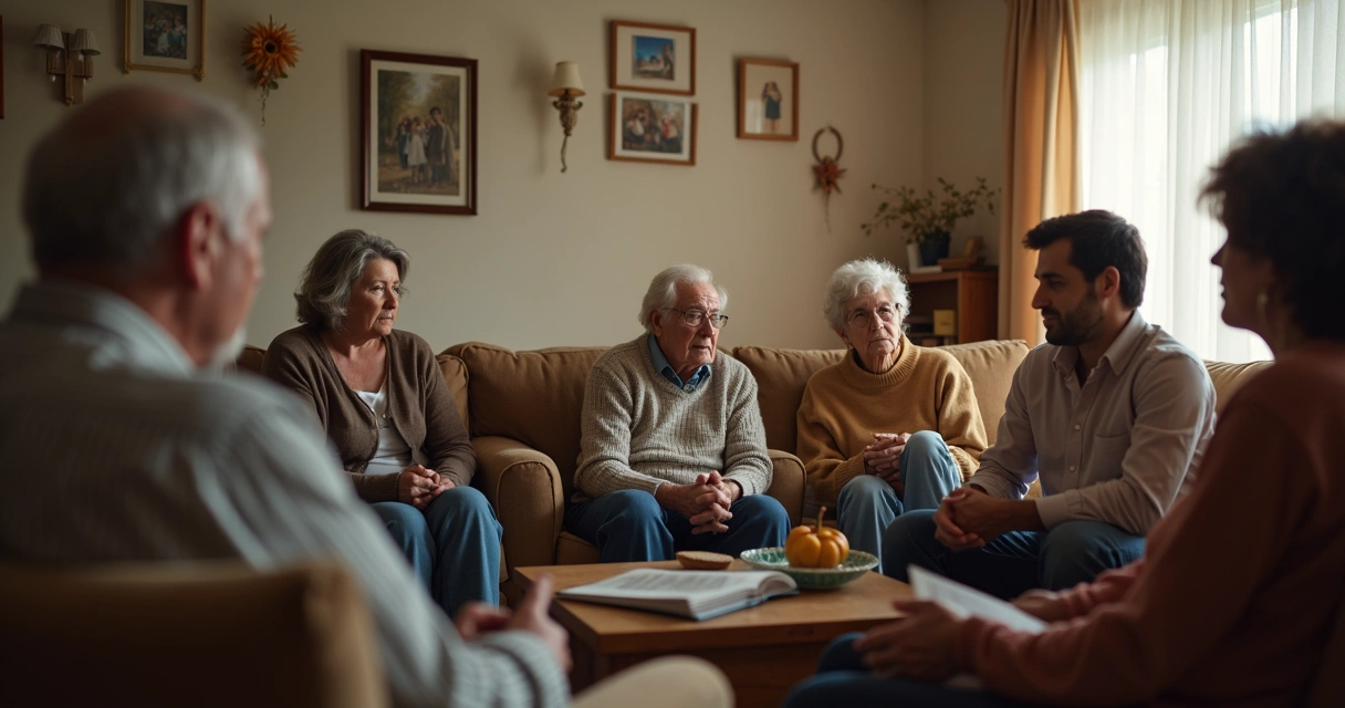 Família sentada em uma sala conversando de forma séria e atenta 