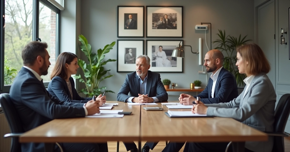 Reunião entre familiares e equipe em escritório corporativo
