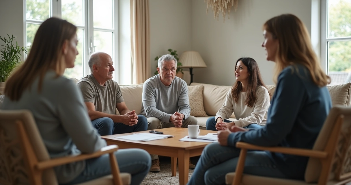 Família sentada em círculo conversando com atenção