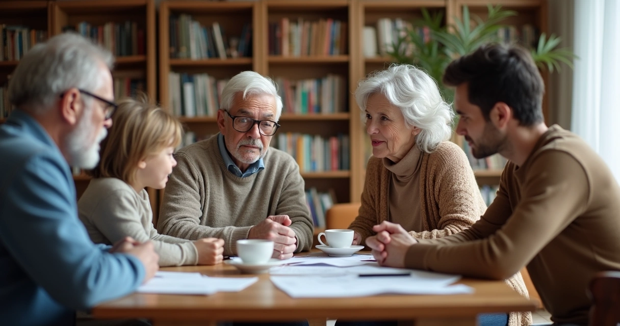 Pessoas reunidas em uma sala de estar, discutindo ao redor de uma mesa, sugerindo um encontro familiar estratégico