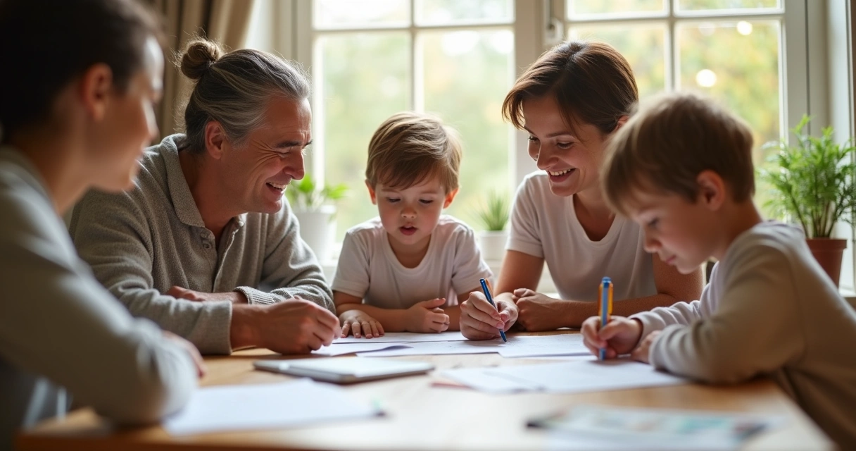 Crianças e adultos sentados à mesa revisando orçamento juntos 