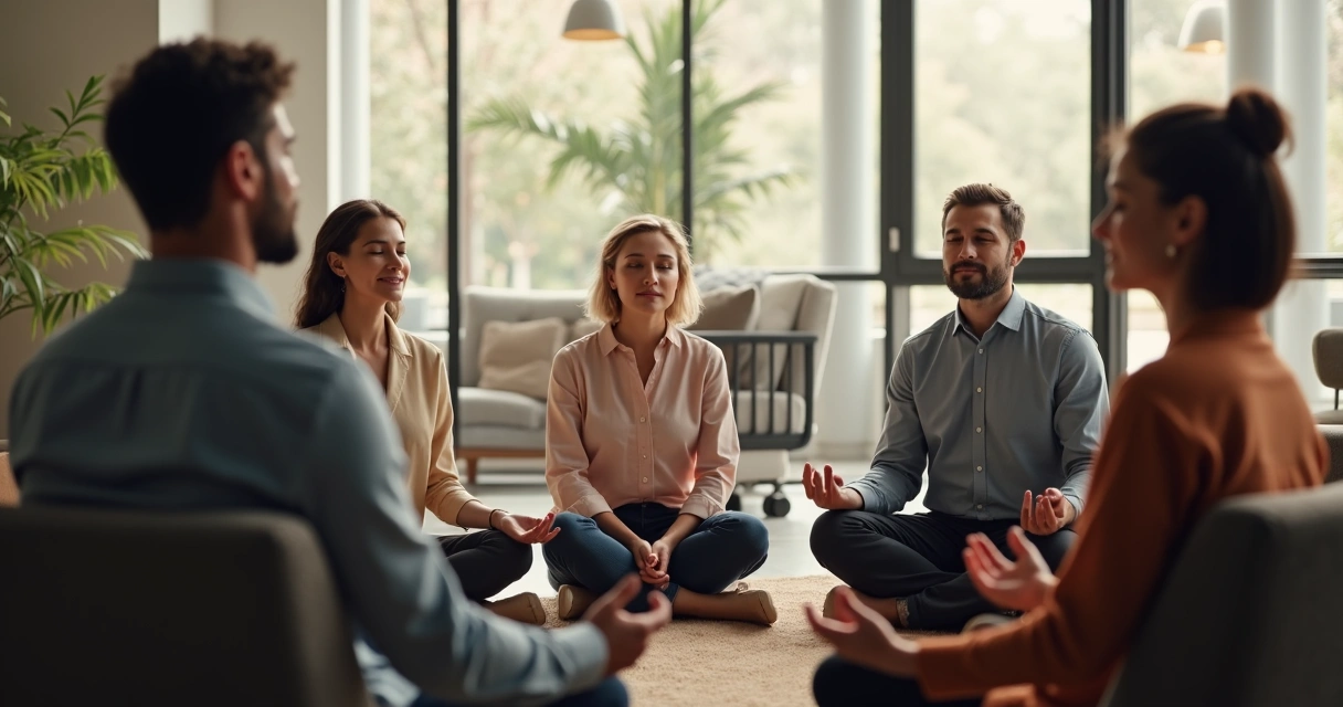 Família empresária reunida em círculo praticando meditação juntos com olhos fechados. 
