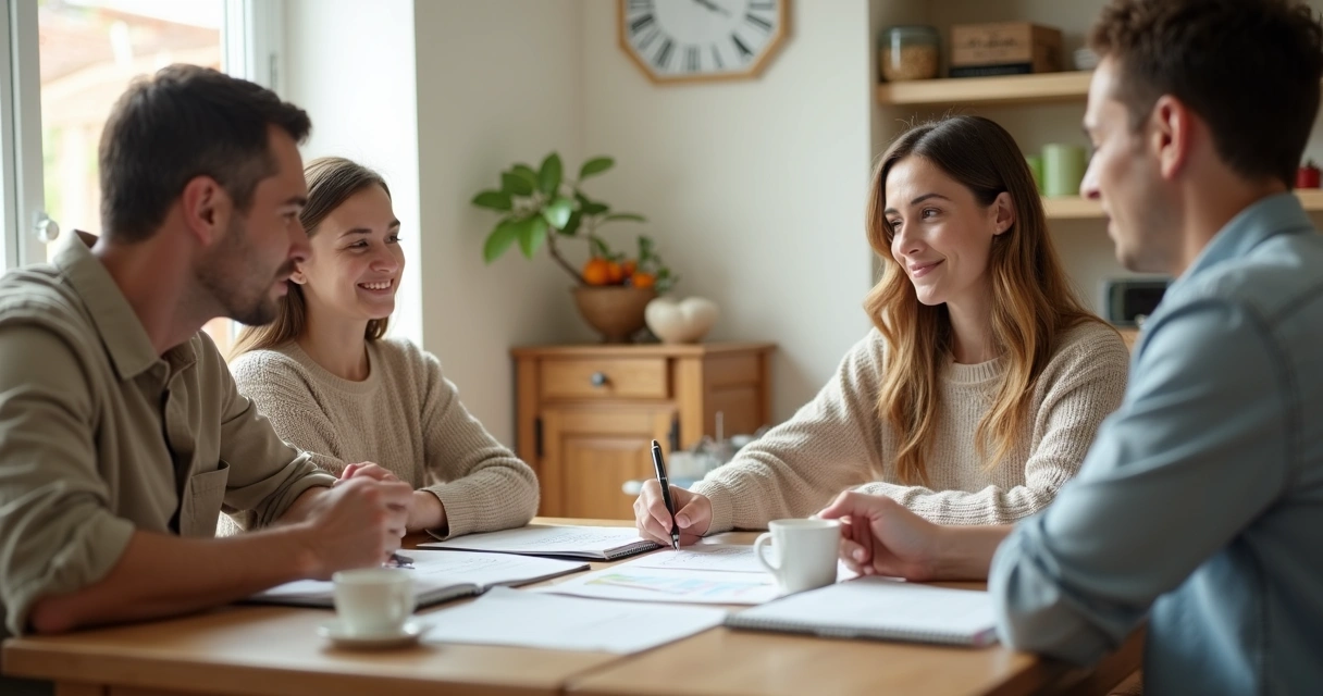 Família conversando à mesa com anotações e calendário 