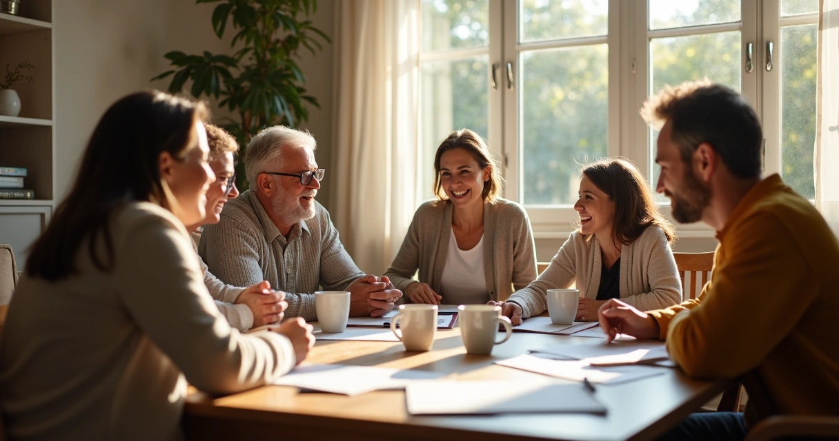 Família sentada ao redor de uma mesa, discutindo projetos em clima harmonioso 