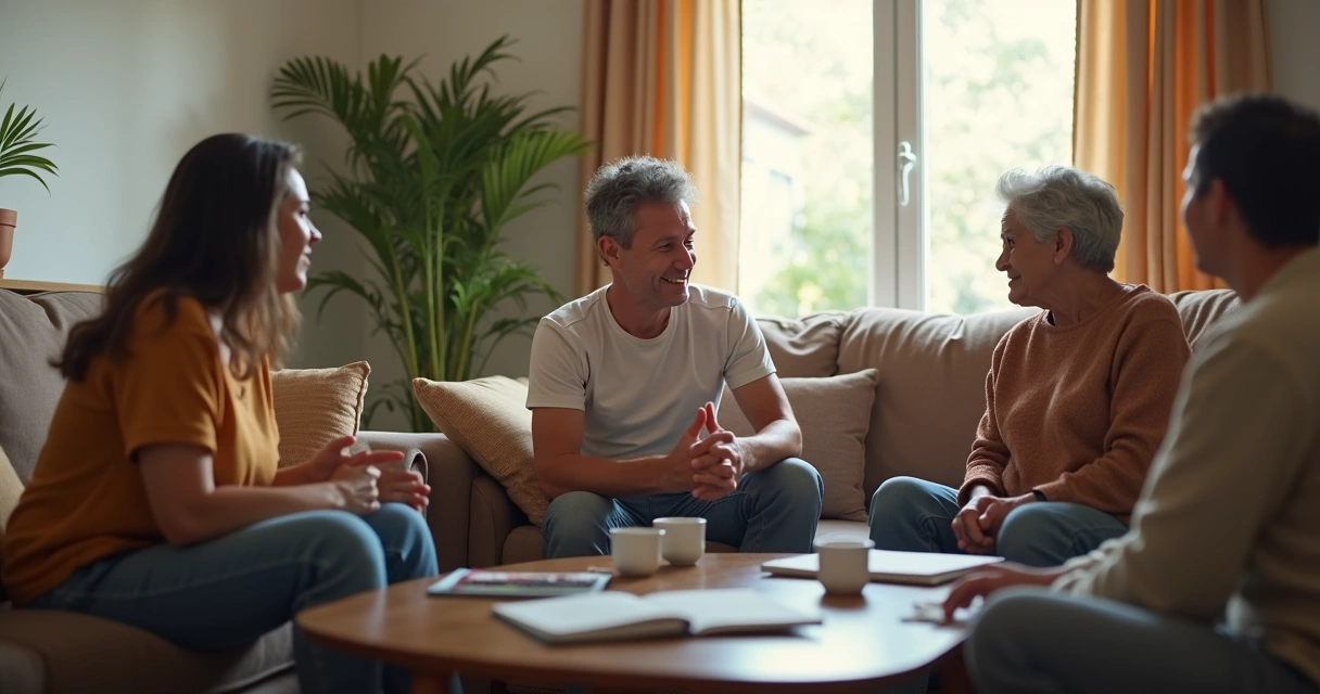 Família conversando em sala com expressão atenta 