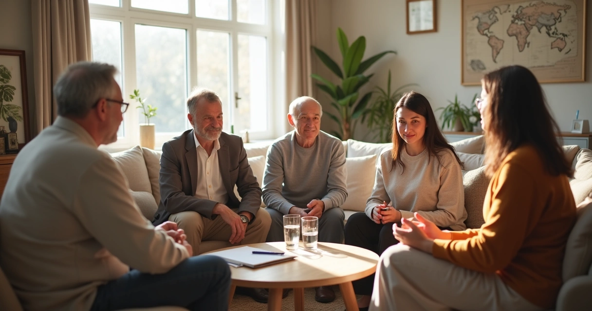 Família conversando em círculo na sala 
