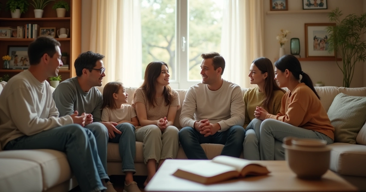 Família reunida em sala de estar conversando 
