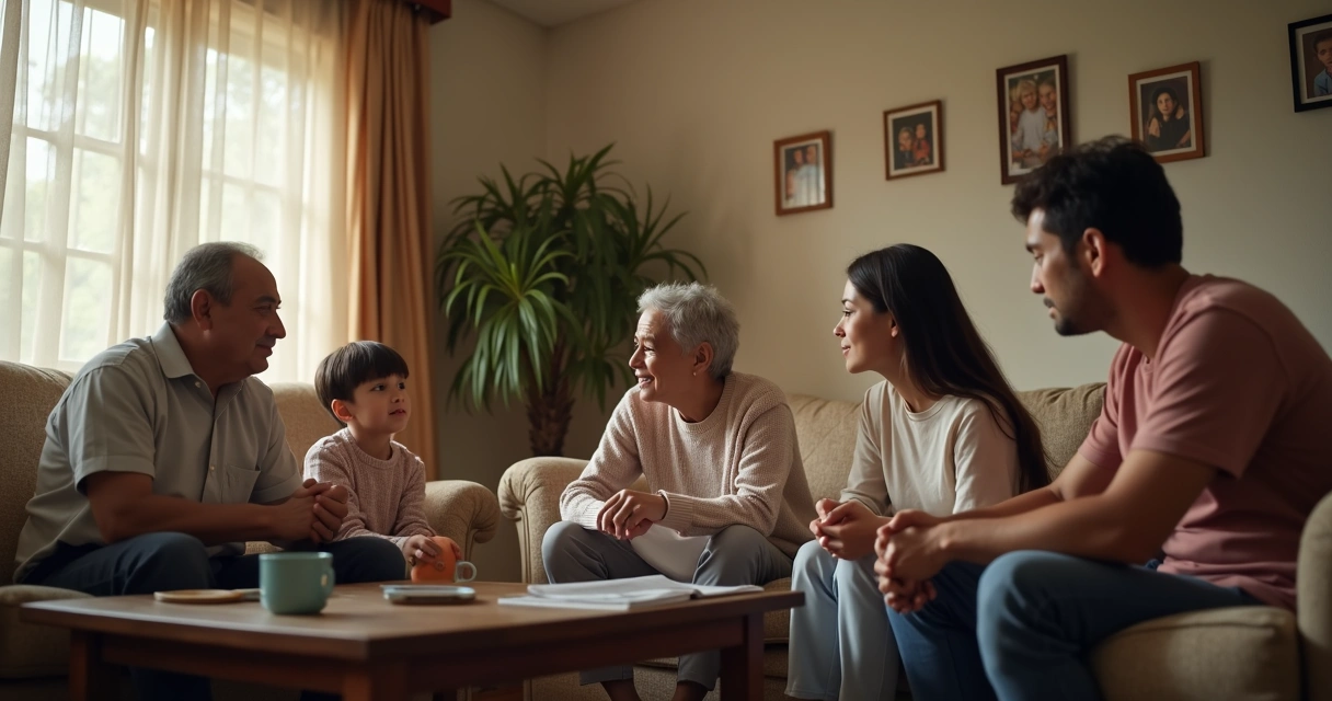 Família reunida em sala com tensão sutil entre gerações
