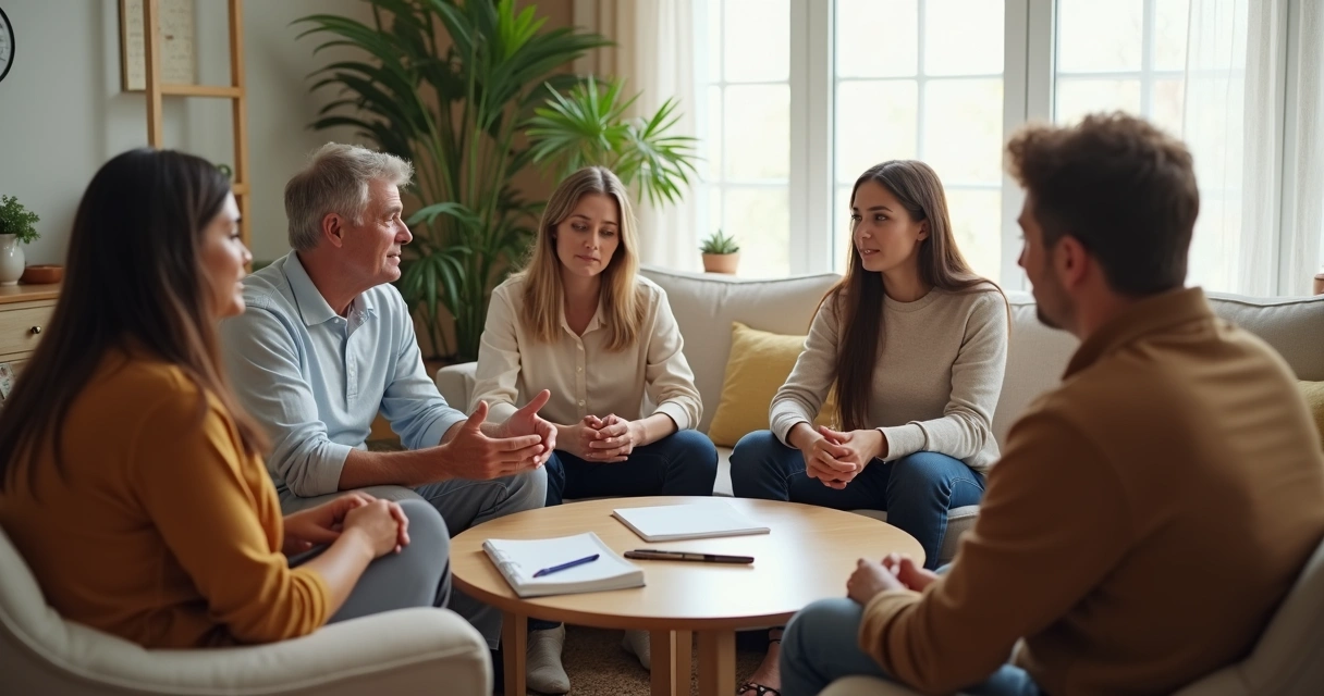 Família reunida em sala conversando com caderno na mesa 