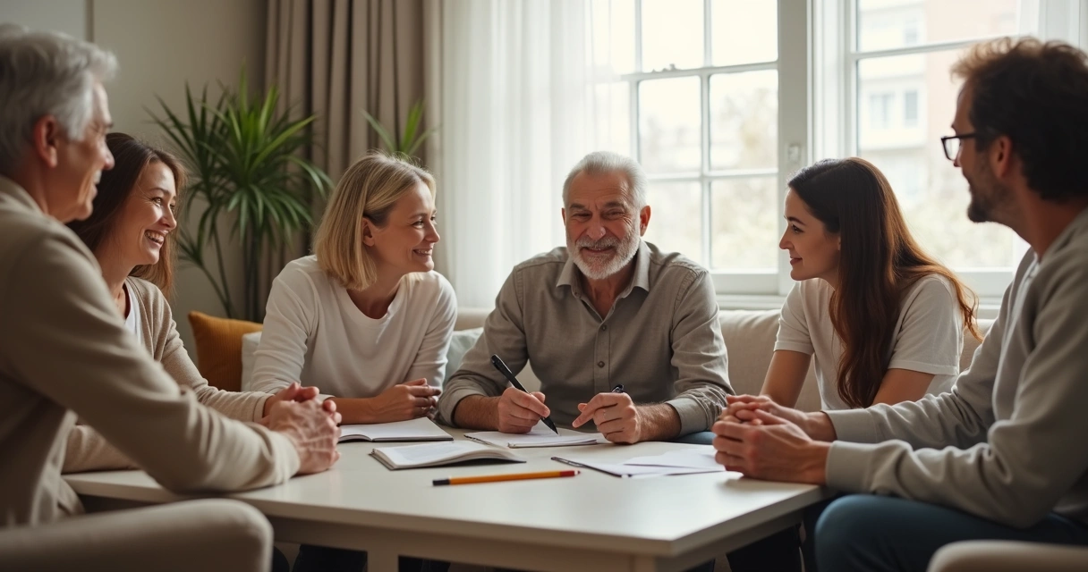 Família reunida conversando na sala com caderno de anotações 