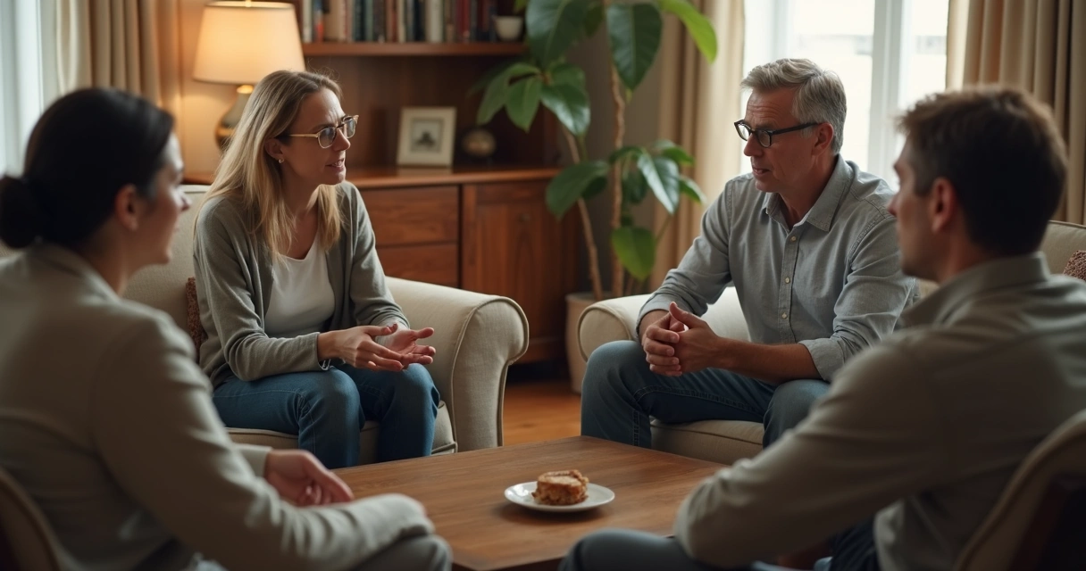 Família em conversa tensa na sala