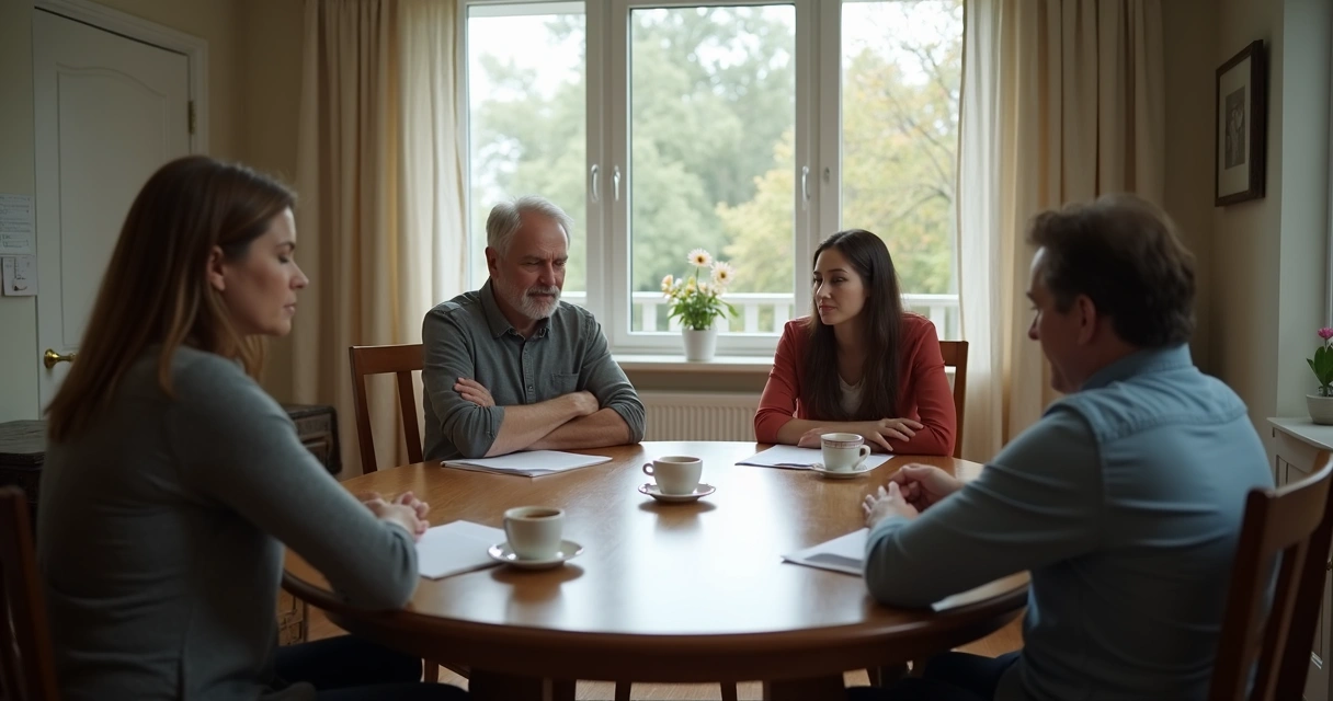 Família em reunião silenciosa à mesa 