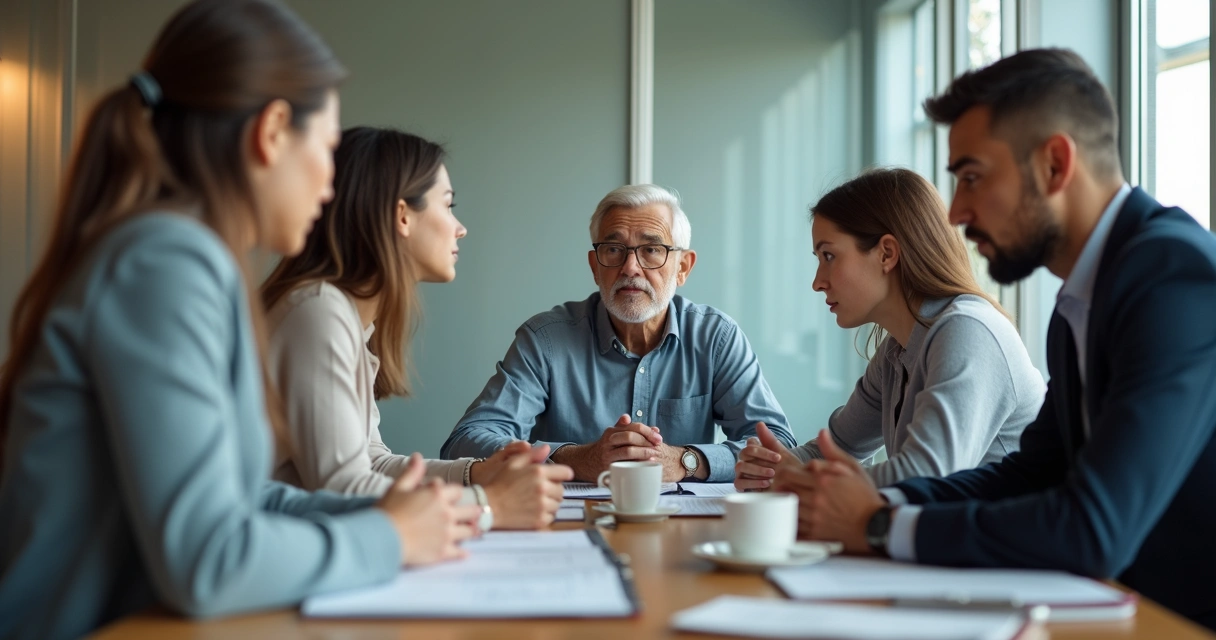 Reunião empresarial familiar com tensão visível 