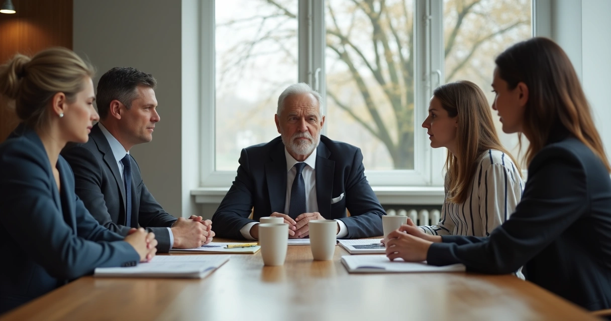 Família em reunião de empresa com tensão visível entre gerações 