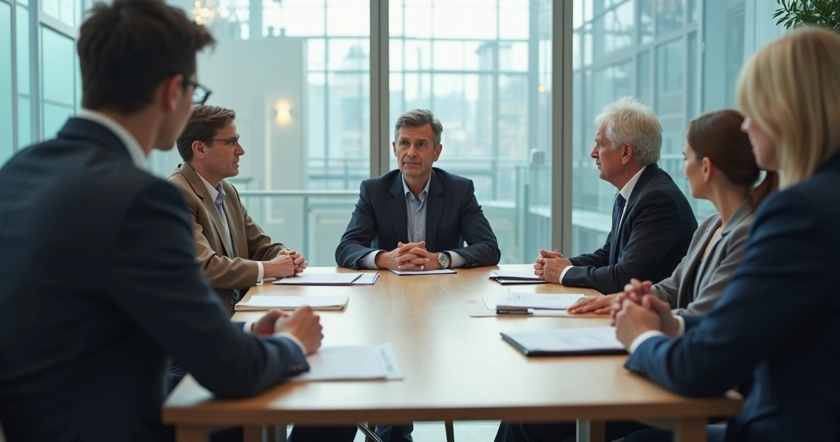 Reunião corporativa com tensão entre familiares e equipe 