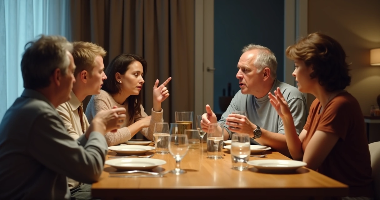 Família em mesa com gestos tensos e falta de escuta
