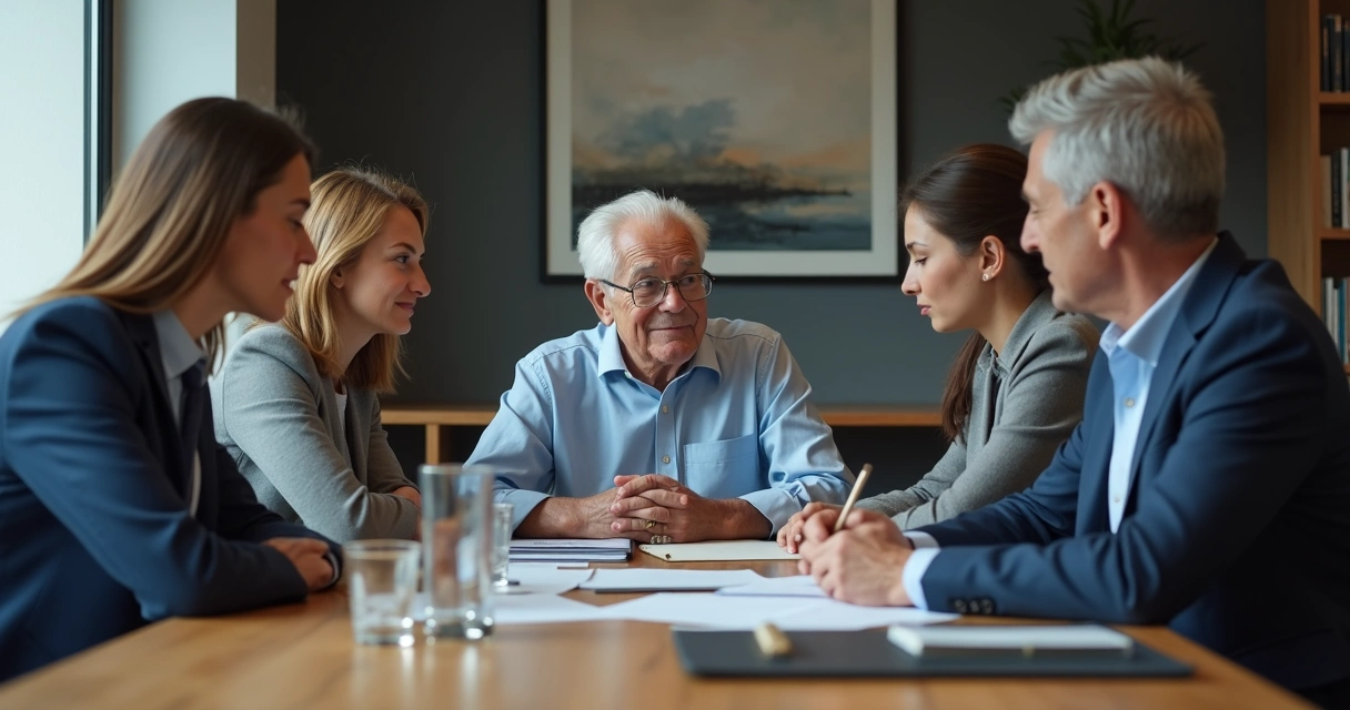 Reunião familiar tensa em mesa de escritório