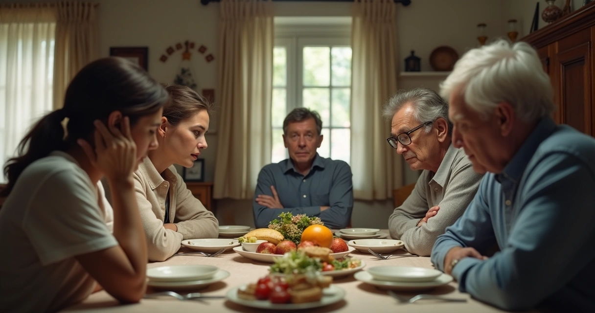 Familia reunida à mesa em clima tenso