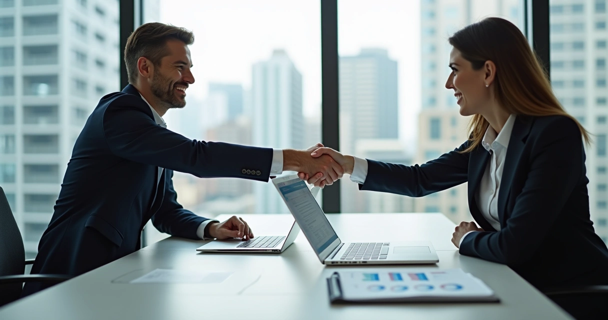 Duas pessoas apertando as mãos em reunião de fechamento de negócios 