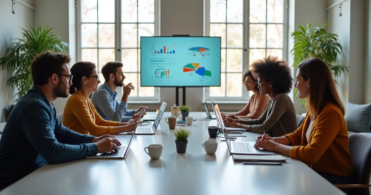 Equipe de agência em reunião colaborativa com anotações e laptops na mesa, ambiente moderno e iluminado