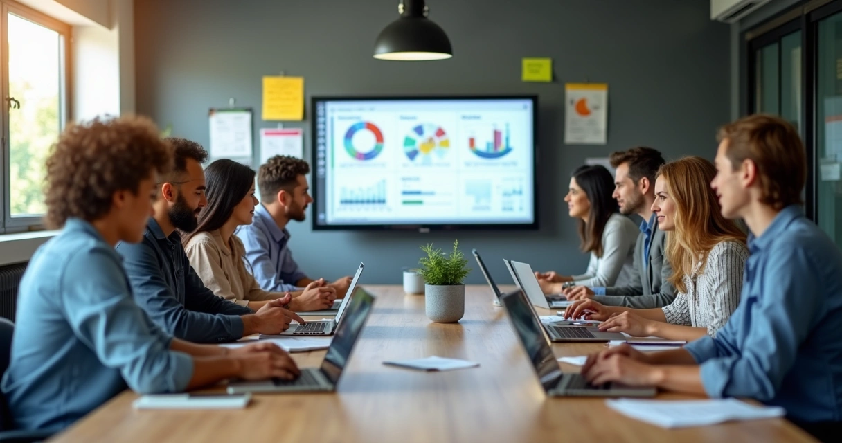 Equipe de agência reunida analisando feedback 