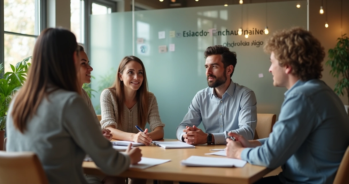 Equipe em reunião de feedback em ambiente seguro e acolhedor 