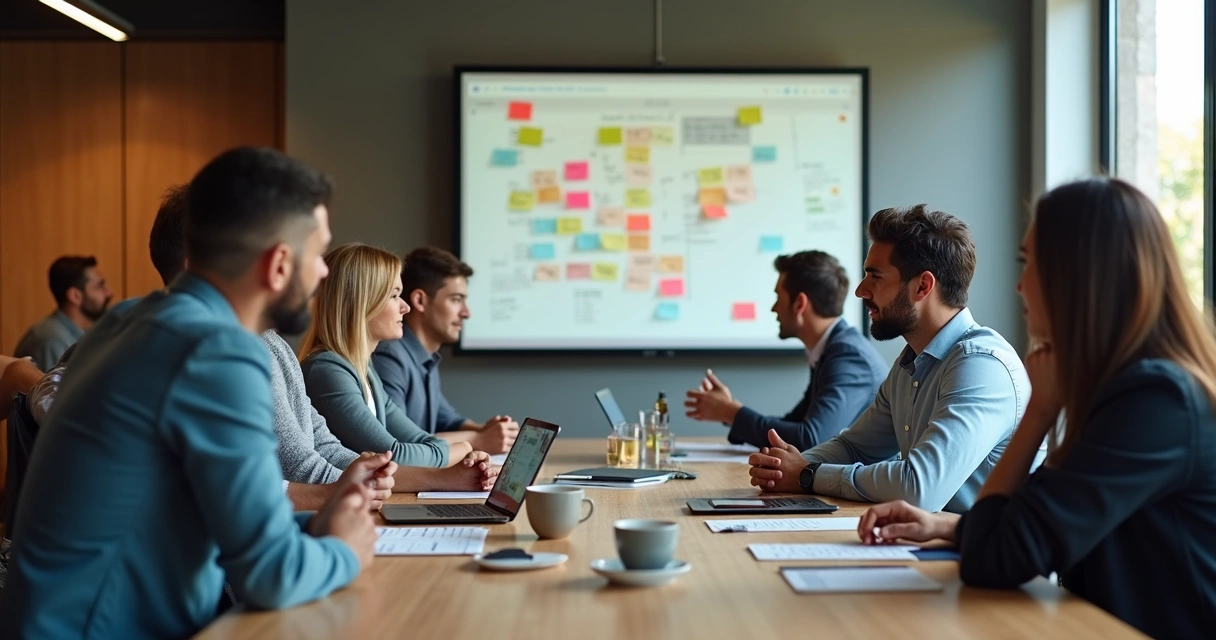 Reunião de feedback entre gestor e equipe para avaliar OKRs 