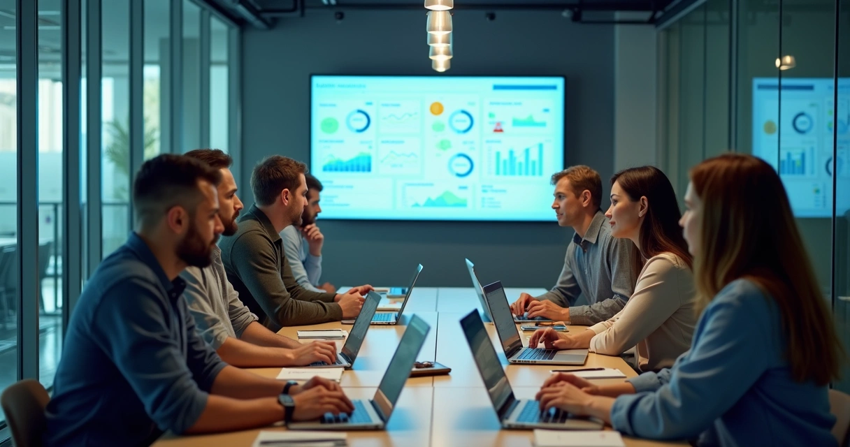 Reunião de equipe digital discutindo feedback dos clientes em sala moderna 