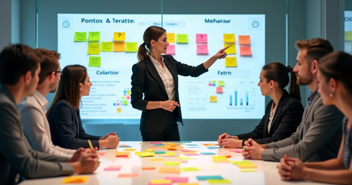 Equipe de vendas analisando feedbacks dos clientes em sala de reunião
