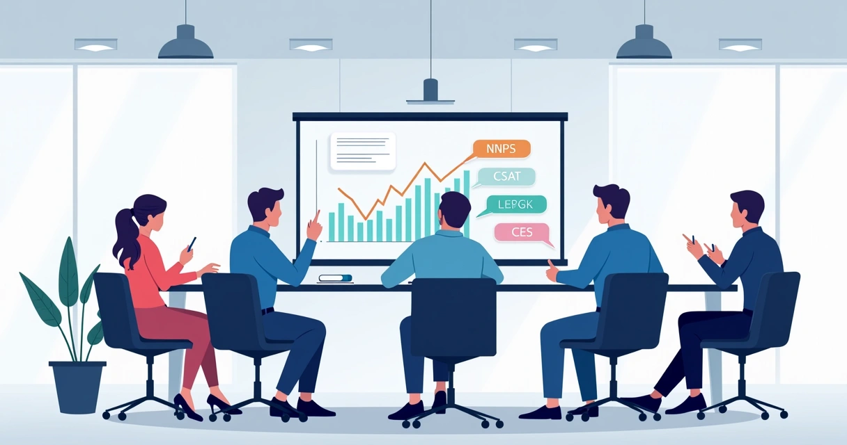 Pessoas em uma reunião analisando gráficos de clientes em uma tela