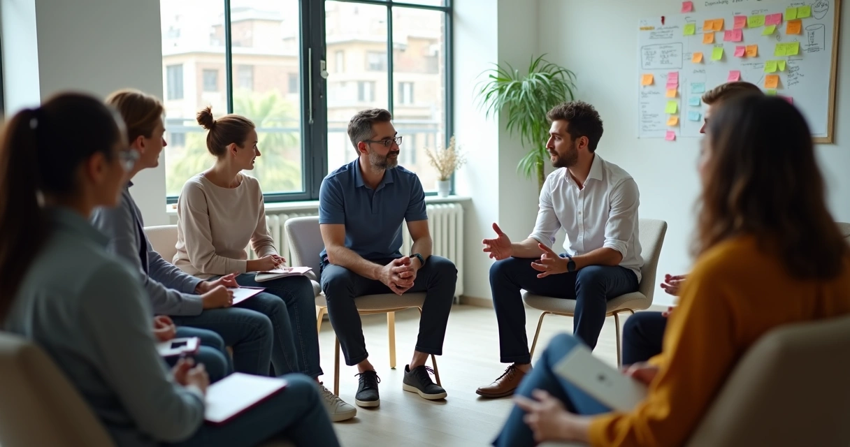 Gestor e equipe em círculo trocando feedback em ambiente de escritório moderno 