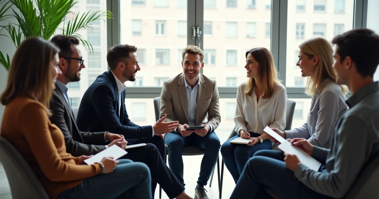 Pessoas sentadas em círculo conversando em reunião de feedback em grupo 