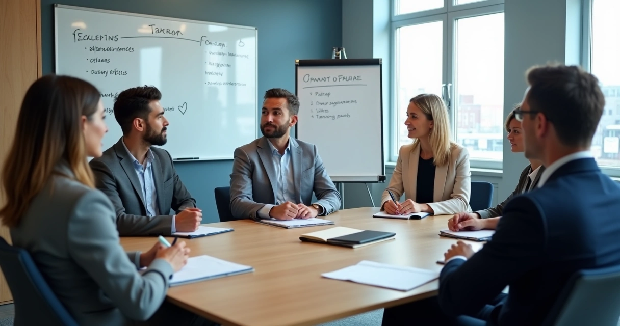 Equipe em reunião de feedback com anotações em quadro 