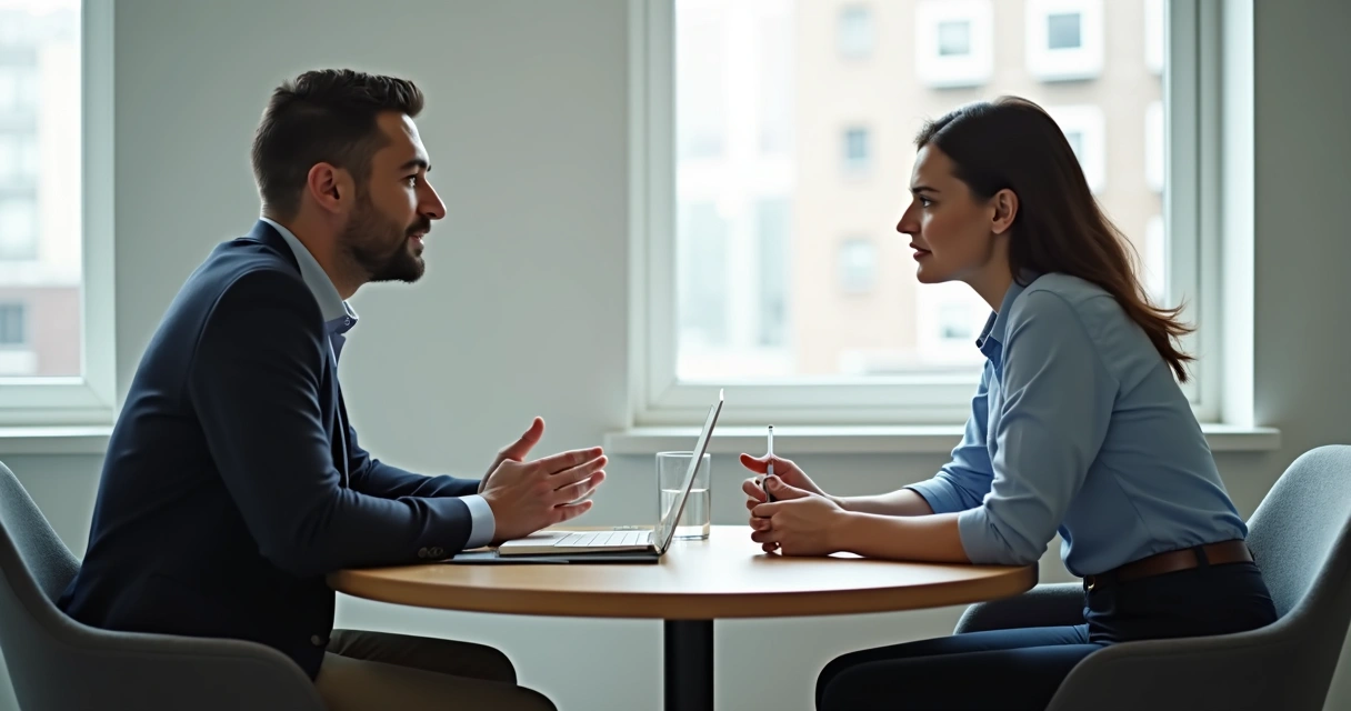 Duas pessoas em reunião fazendo feedback com postura atenta e anotações 