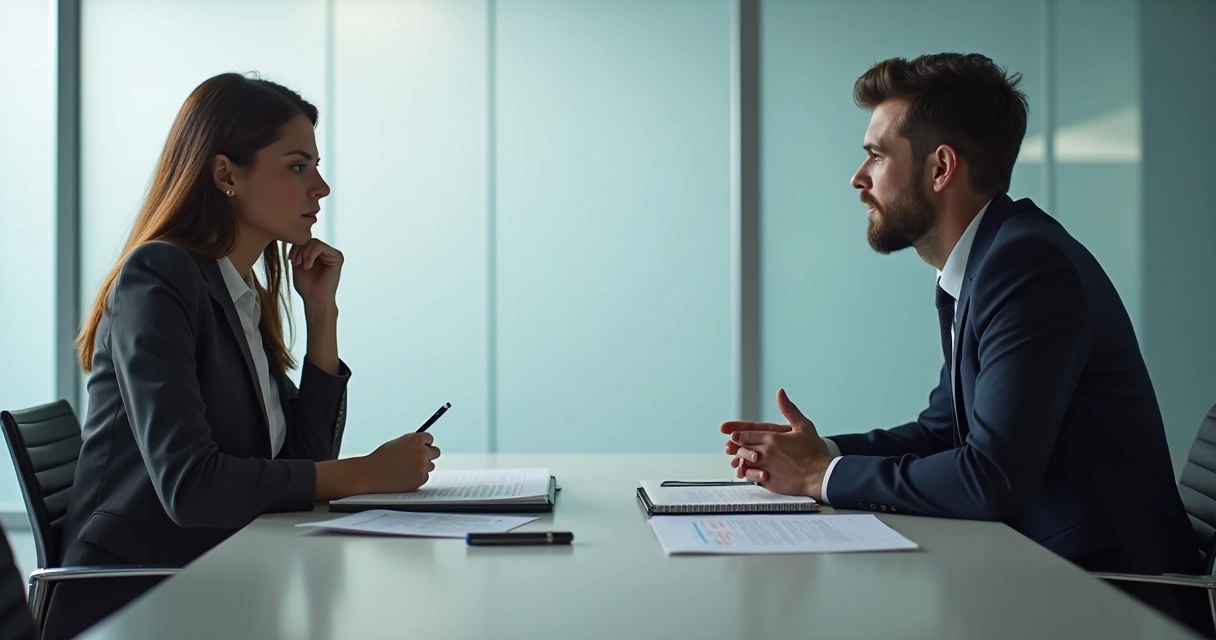 Gestor e colaborador em conversa de avaliação com anotações na mesa 