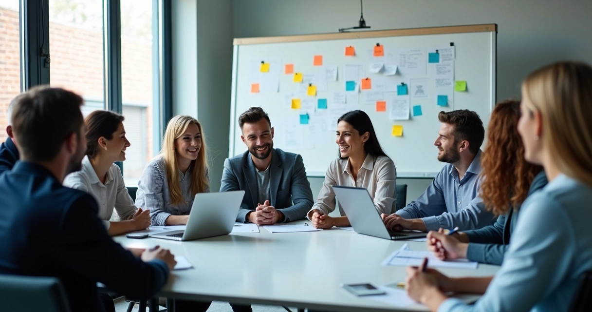 Colaboradores reunidos em círculo durante reunião de feedback. 