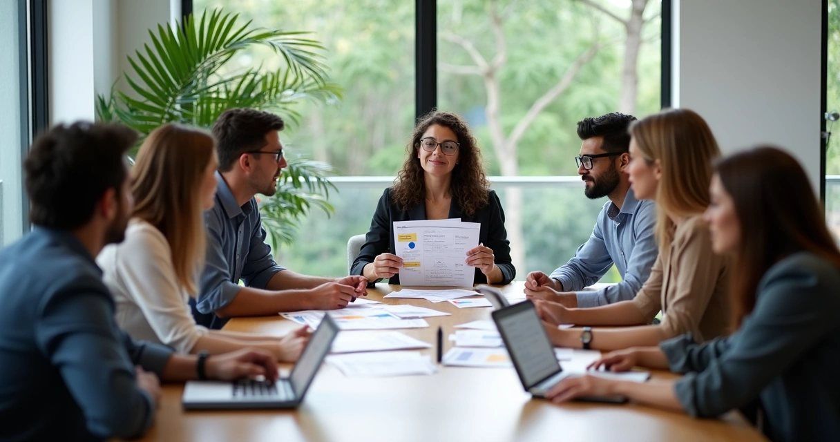 Equipe de negócios discutindo feedbacks em uma mesa de reunião