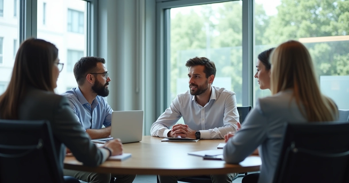 Líder e equipe em reunião de feedback transparente 