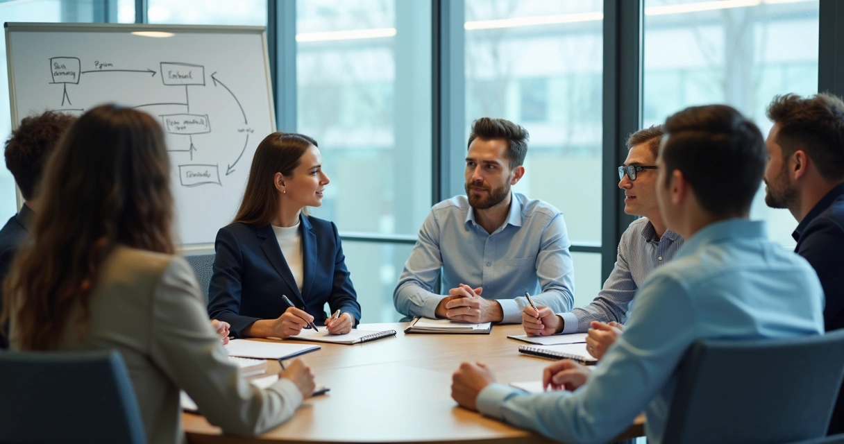 Equipe em reunião de feedback com anotações visíveis 