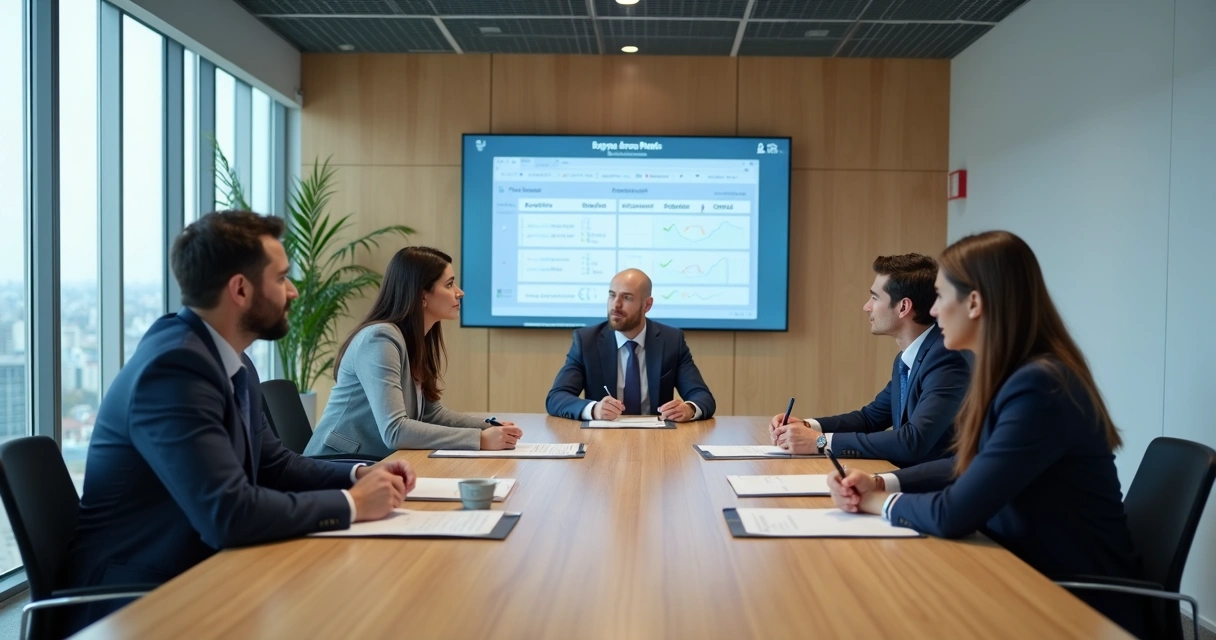 Equipe em reunião de feedback com gráficos na parede